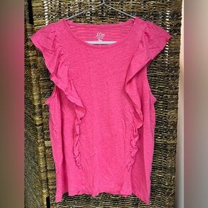 J. Crew- Linen Tee, Pink w/‎ Ruffle sides- Size: Large (Runs Petite), Pre-Owned